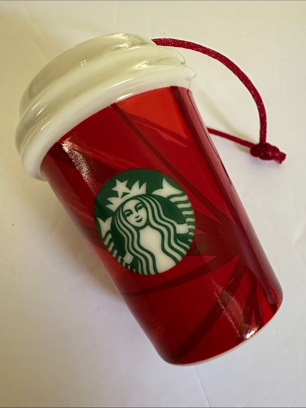 Starbucks 2014 Red and White Holiday Cup Hanging Ornament with Green Logo